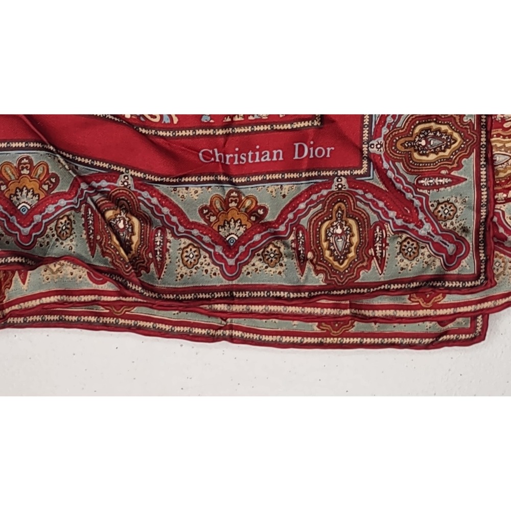 Vintage Christian Dior Silk Pocket Square Scarf Paisley Red Gold Blue Italy - Picture 2 of 4